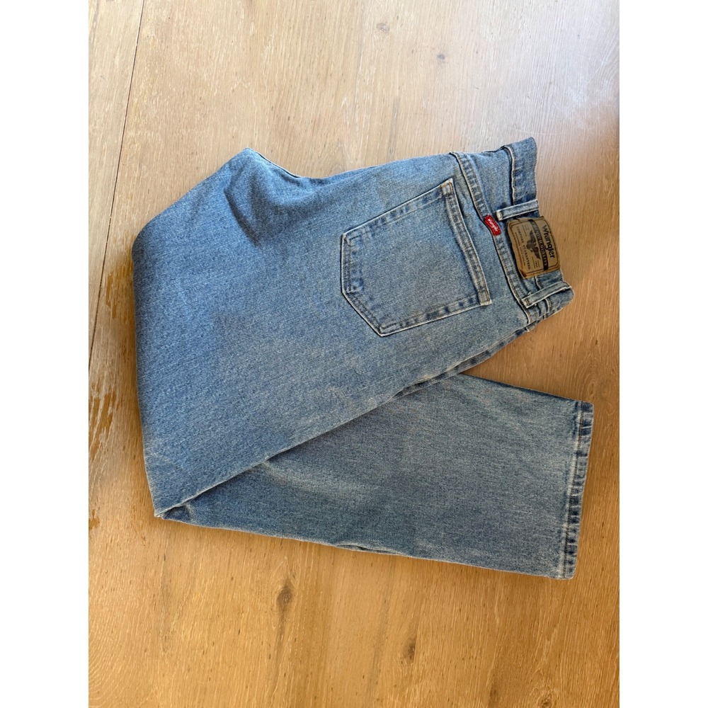 Wrangler Mens 34x32 Light Wash Straight Leg Denim Work Pants discolored thighs